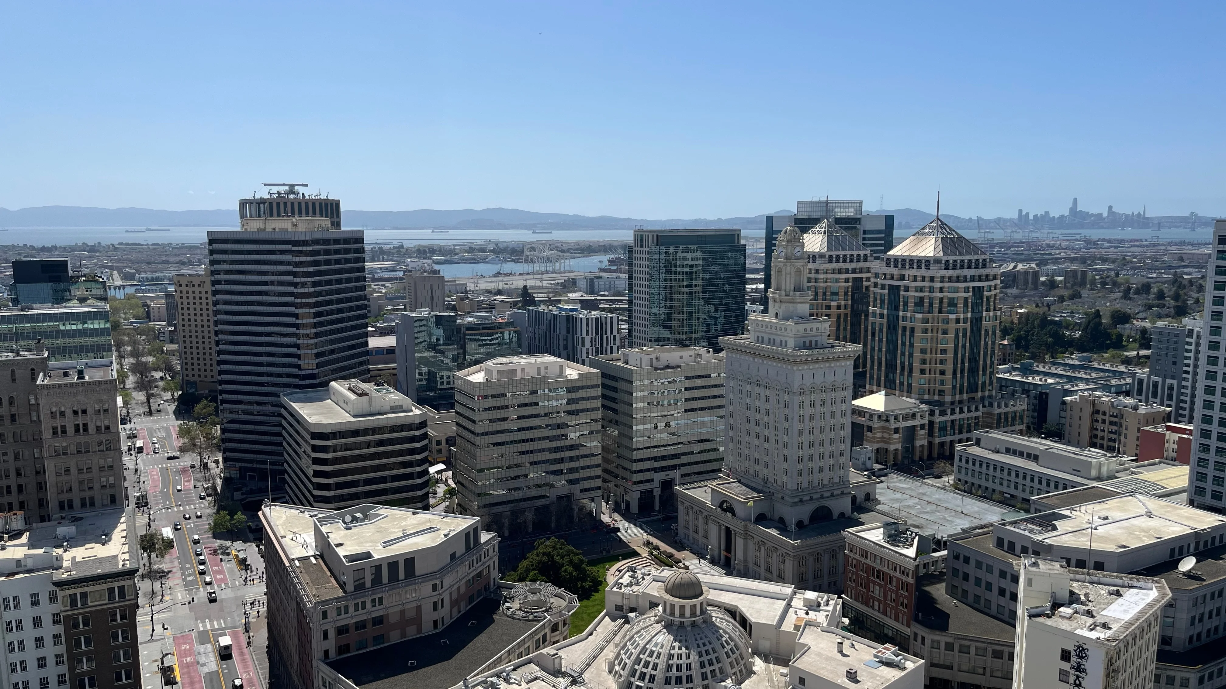 Oakland City Hall and the downtown skyline, looking toward the Bay.