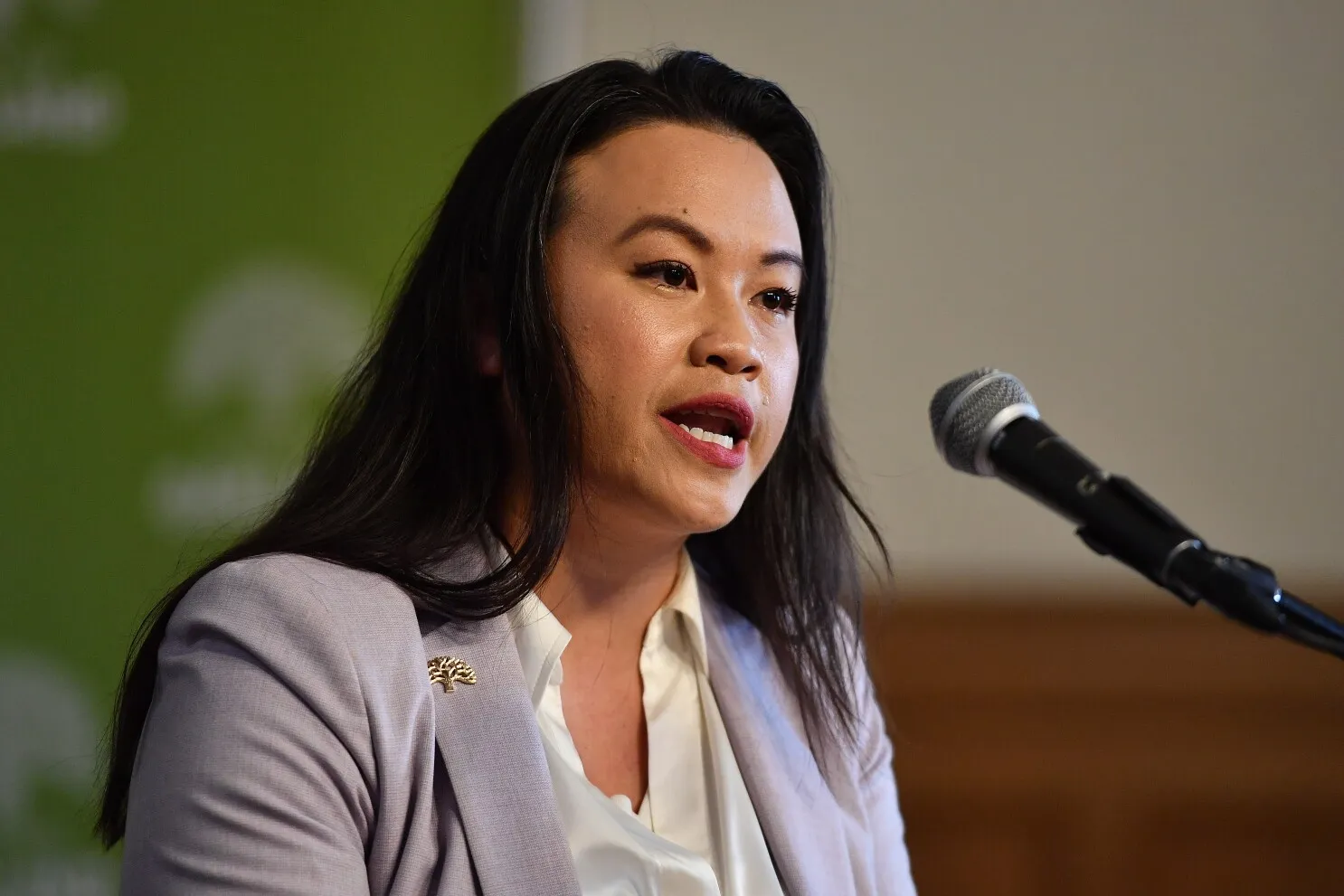 Sheng Thao speaking at a microphone.